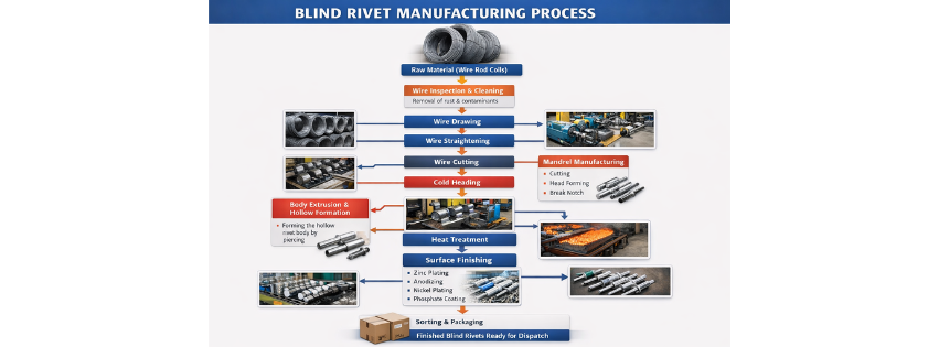 Blind rivet manufacturing process flowchart showing production steps